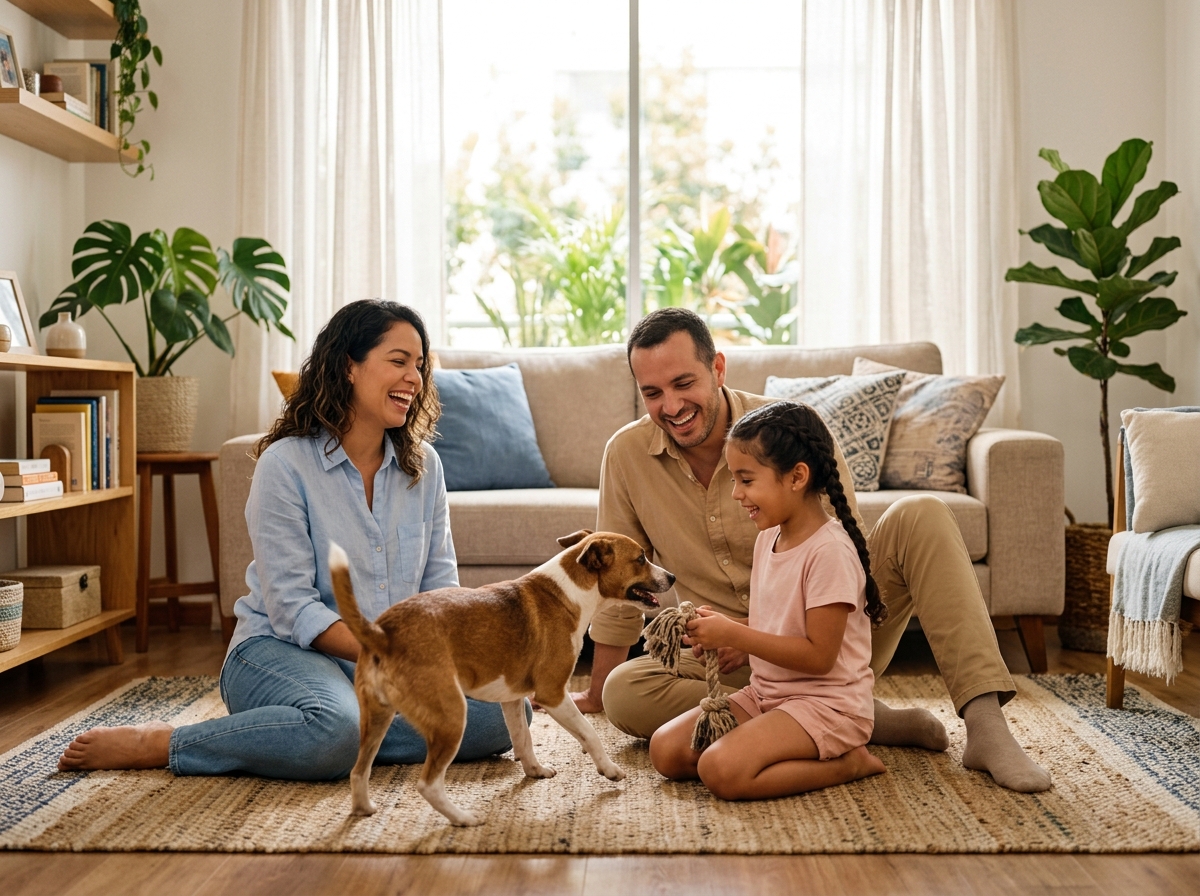 Familia jugando en casa con su perro