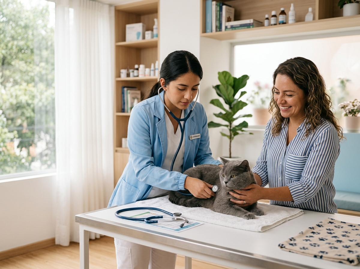 Veterinaria revisando a un gato acompañada por su dueña